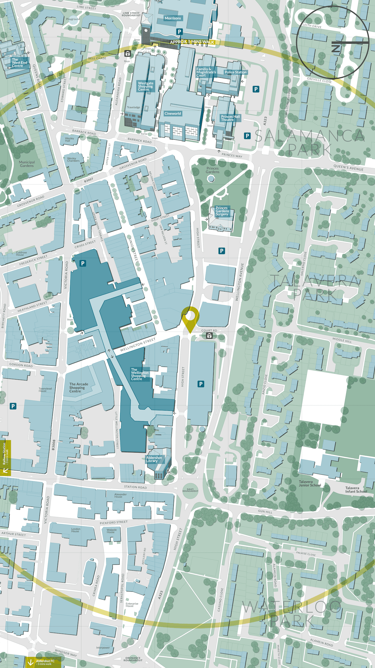 Extract from map as it was to appear in a digital totem; heads-up and with 3D landmarks.