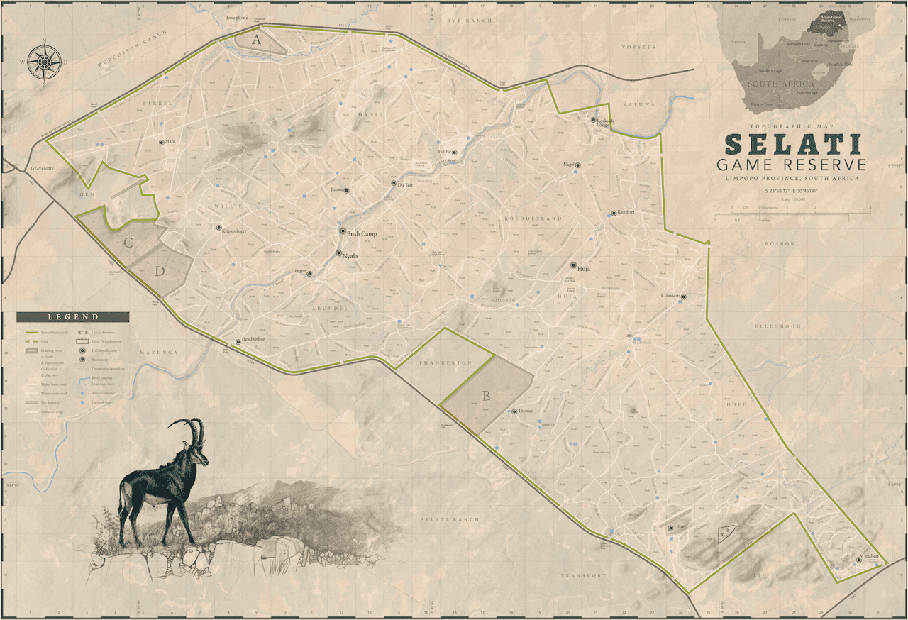 Complete map of Selati Game Reserve